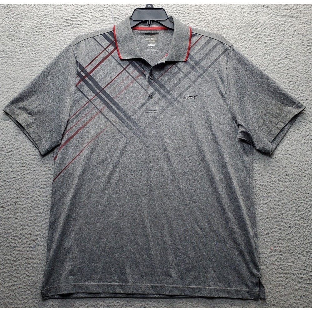 Greg Norman Golf Polo Shirt Mens L Gray Plaid Detail Play Dry Performance Slit